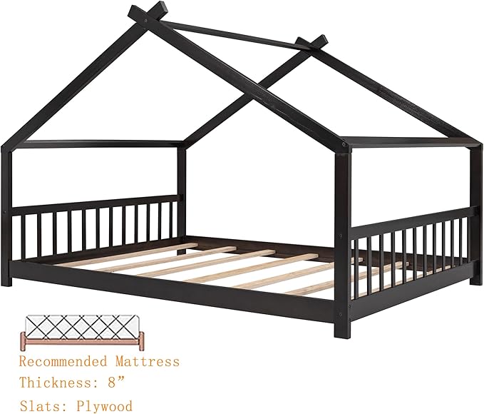 Bellemave Wood Montessori Full Size Bed Frame, Espresso - Playhouse Design, Sturdy, Safety, No Box Spring Needed, Easy Assemble - LeafyLoom