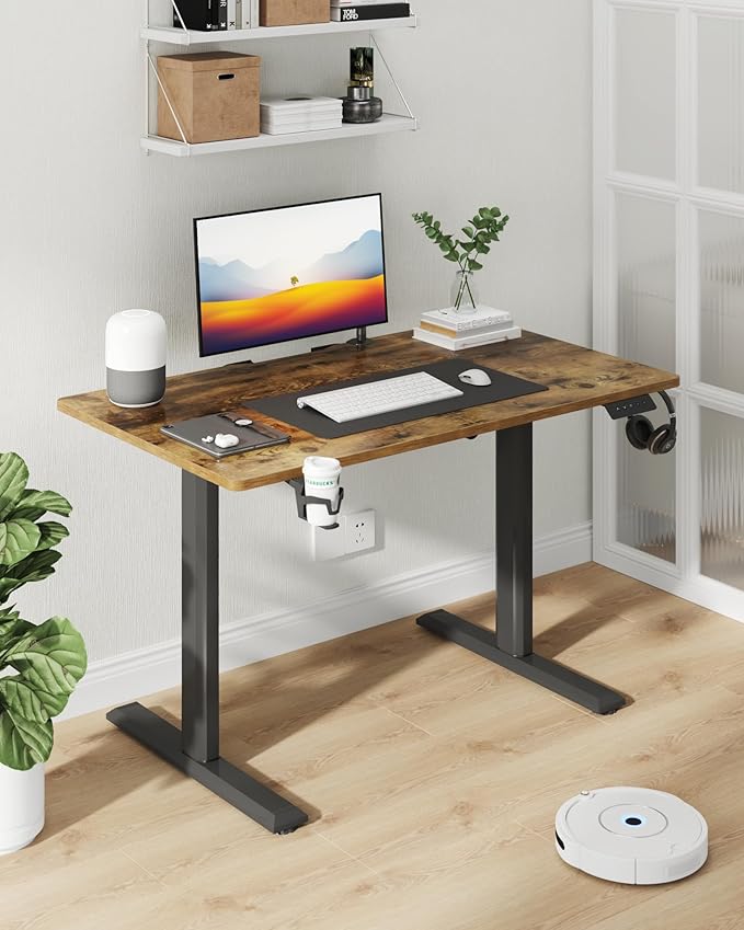 Electric Standing Desk, 43 Inch Height Adjustable Home Office Table with Headphone Hook and Cup Holder, Black Legs/Rustic Brown Top - LeafyLoom