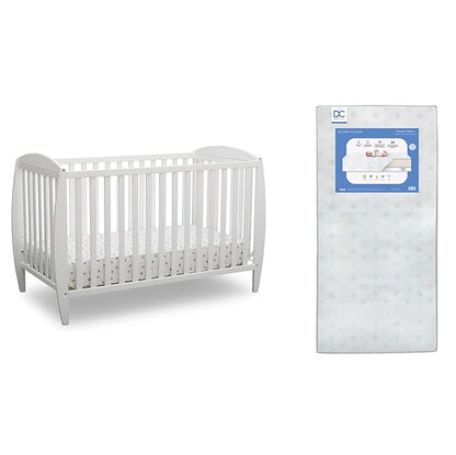 Delta Children Twinkle 4-in-1 Convertible Baby Crib, Sustainable New Zealand Wood, White and Delta Children Twinkle Galaxy Dual Sided Recycled Fiber Core Crib and Toddler Mattress (Bundle) - LeafyLoom