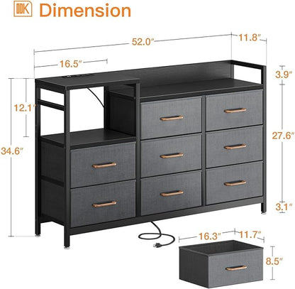 ODK Dresser with Charging Station, 52-Inch Long Dresser TV Stand for Bedroom, Large Dresser with 8 Storage Drawers, Chest of Drawers Easy-Pull Fabric Dressers for Living Room, Black and Dark Grey - LeafyLoom