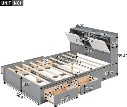 Wood Full Size Platform Bed with Storage Headboard and 4 Drawers, Gray - LeafyLoom