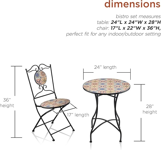 Alpine Corporation Indoor/Outdoor Mediterranean Tile Design Set Table and Chairs Patio Seating - LeafyLoom