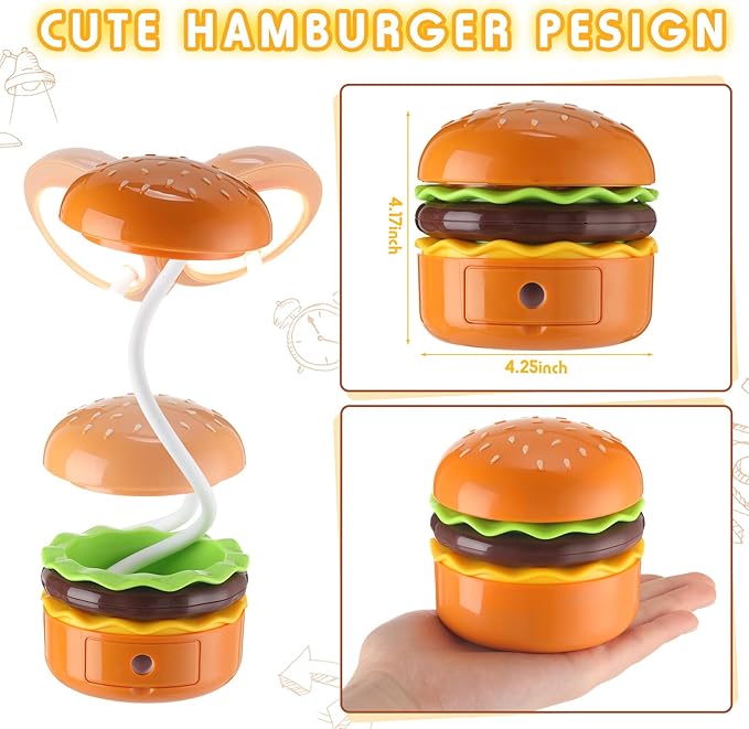 2 Pcs Cute Hamburger Lamp with Pencil Sharpener, Adjustable Novelty Night Desk Lamp, Funny Rechargeable Multifunctional Reading Bedside Lamp for Home Bedroom Boys Girls Kawaii Gift - LeafyLoom