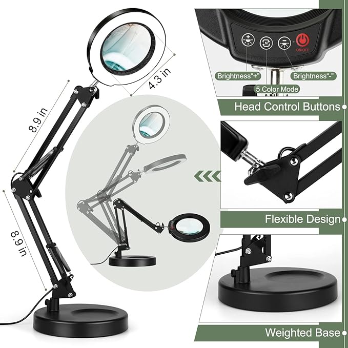 5X Magnifying Glass with Light and Stand, Upgrade Button 5 Color Modes Stepless Dimmable, 2-in-1 LED Lighted Magnifier Light, Hands Free Desk Lamp with Clamp for Craft Hobby Reading Close Work - LeafyLoom