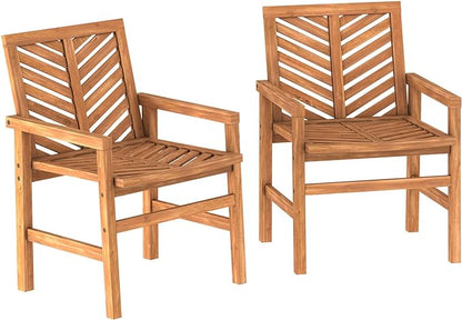 Walker Edison 2 Piece Outdoor Patio Chevron Wood Chair Set All Weather Backyard Conversation Garden Poolside Balcony, Set of 2, Brown - LeafyLoom