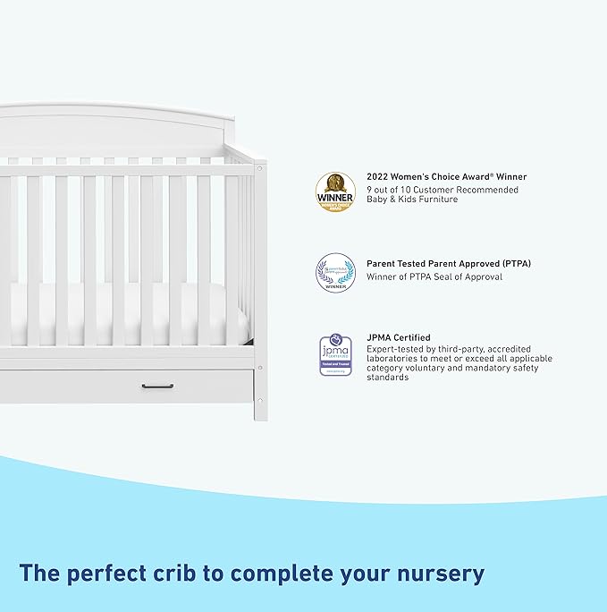 Graco Benton 5-in-1 Convertible Crib with Drawer (White) - Converts from Baby Crib to Toddler Bed, Daybed and Full-Size Bed, Fits Standard Full-Size Crib Mattress, Adjustable Mattress Support Base - LeafyLoom