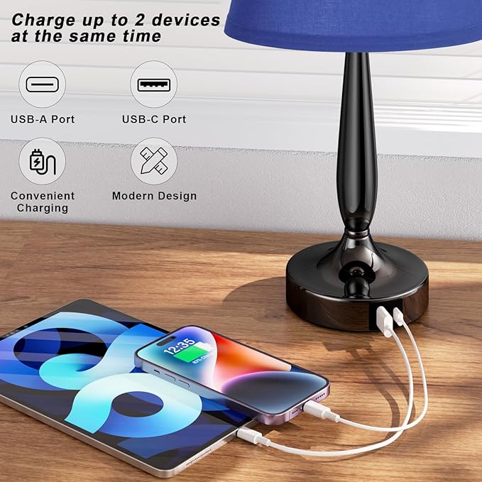 Kakanuo Touch Bedside Lamp for Bedroom with USB C Port, Small Touch Table Lamp with 2 USB Charging Ports, 3 Way Dimmable Nightstand Lamp for Living Room and Office - Royal Blue (LED Bulb Included) - LeafyLoom