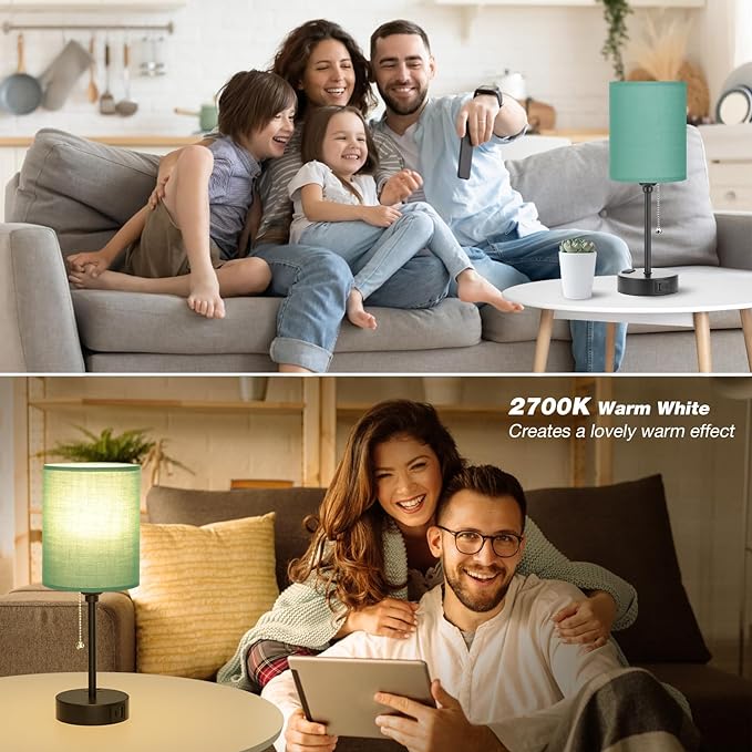 Dicoool Green Table Lamps 3 Color Temperatures - 2700K 3500K 5000K Bedside Lamp with USB C and A Ports, Pull Chain Lamp for Bedroom with AC Outlet, Nightstand Lamp with Black Metal Base for Kids Boys - LeafyLoom