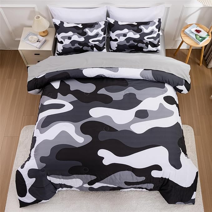 Meeting Story Camouflage Bedding Set, Colorful Pattern Style Comforter Set, 5 PCS One Comforter Two Pillowcases Two Sheets in One Bag, All Season Bedspread for Teens Adults (Grey,Twin5pcs - LeafyLoom