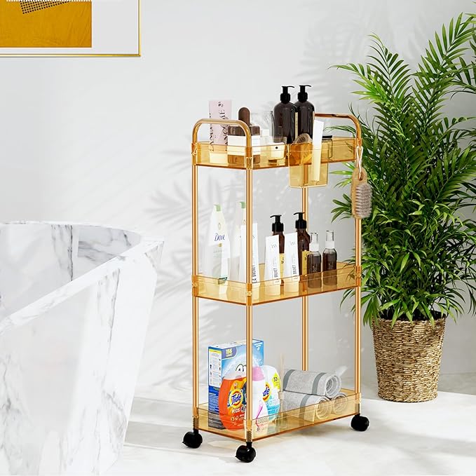 SPACEKEEPER 3 Tier Utility Storage Cart Rolling Bathroom Organizer, Transparency Mobile Shelving Unit Clear Rolling Utility Cart Multifunction, Amber - LeafyLoom