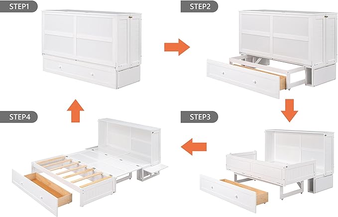 Murphy Cabinet Bed Queen Size with Drawer and Little Shelves on Each Side, can be Foldable/Space Saving, Wooden Low Bedframe for Bedroom/Apartment, White - LeafyLoom