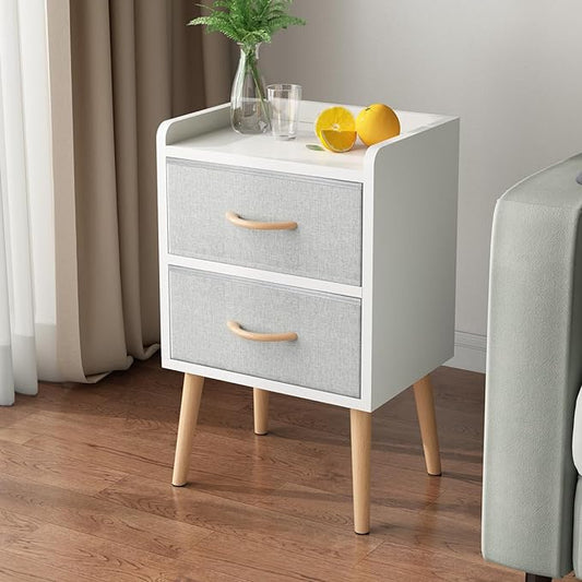 LUCKNOCK NightStand with 2 Fabric Drawers, Bedside Table with Solid Wood Legs, Minimalist and Practical End Side Table for Bedroom, White. - LeafyLoom