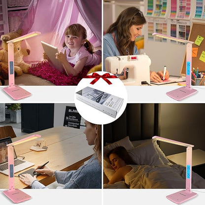 Desk Lamp with Wireless Charger, USB Charging Port, Dimmable Office Desk Light with Clock, Alarm, Date, Temperature, Foldable Lamp for Table Bedroom Bedside Office (Pink) - LeafyLoom