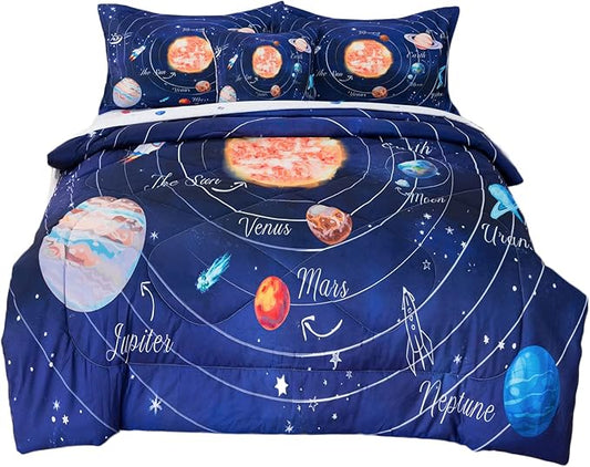 ADASMILE A & S Solar System Comforter Set Twin Outer Space Comforter for Kids 6 Pcs Bed in A Bag Twin Comforter Set for Boys Space Bed Set Galaxy Comforter with Star Moon Sheets for Kids Home Decor - LeafyLoom