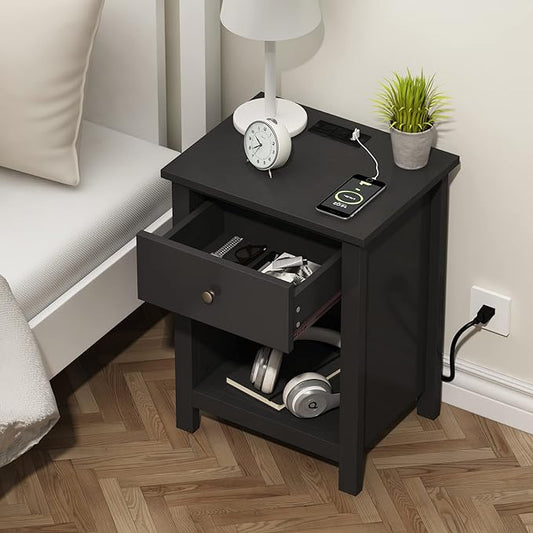 ChooChoo Nightstand with Charging Station, Wooden Top Bedside Table with Drawer and Storage Space for Bedroom, Black - LeafyLoom