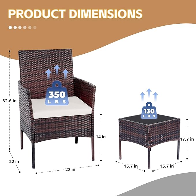 Patio Furniture Set 3 Pieces All-Weather Rattan Outdoor Furniture Patio Chairs with Tempered Glass Table for Porch Bistro Balcony Bistro Set(Brown/White) - LeafyLoom