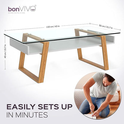 bonVIVO Modern Glass Coffee Table - Elegant Centerpiece for Living Room Decor with Tempered Glass Top, Sleek Design as A Gift for Home or Office Use, White - LeafyLoom