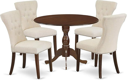 East West Furniture DMGA5-MAH-32 5 Piece Dining Set Includes a Round Dining Room Table with Dropleaf and 4 Light Beige Linen Fabric Upholstered Parson Chairs, 42x42 Inch, Mahogany - LeafyLoom