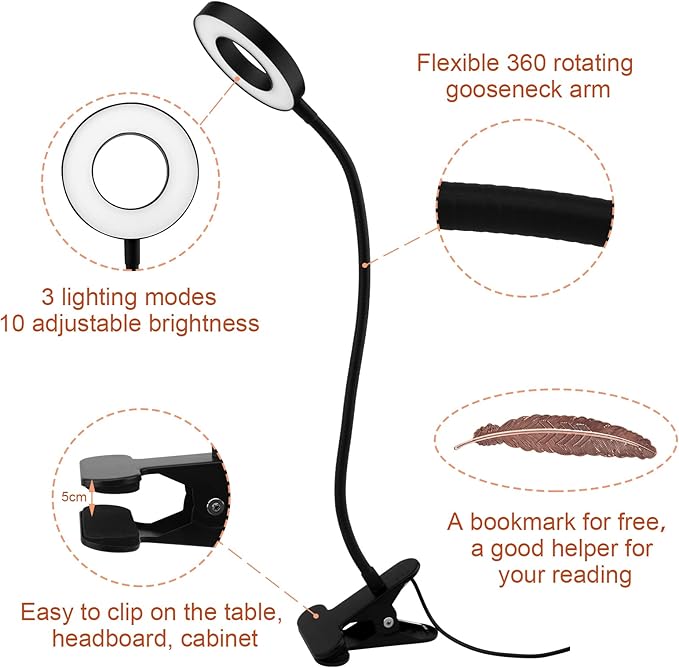 LED Clip On Light Reading Light, 10 Dimmable Brightness Gooseneck Clamp Desk Ring Light with Metal Bookmark for Reading Makeup Bedside (Size:Lamp+Bookmark) - LeafyLoom