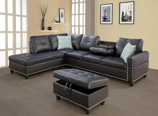 RITSU L Shape Sectional Sofa, Upholstered Corner Couch with Storage Ottoman, Reversible Backrest w/Cup Holder, 4 Seater, Faux Leather Tufted Cushions, for Living Room,Apartment, Black, 71 inch - LeafyLoom