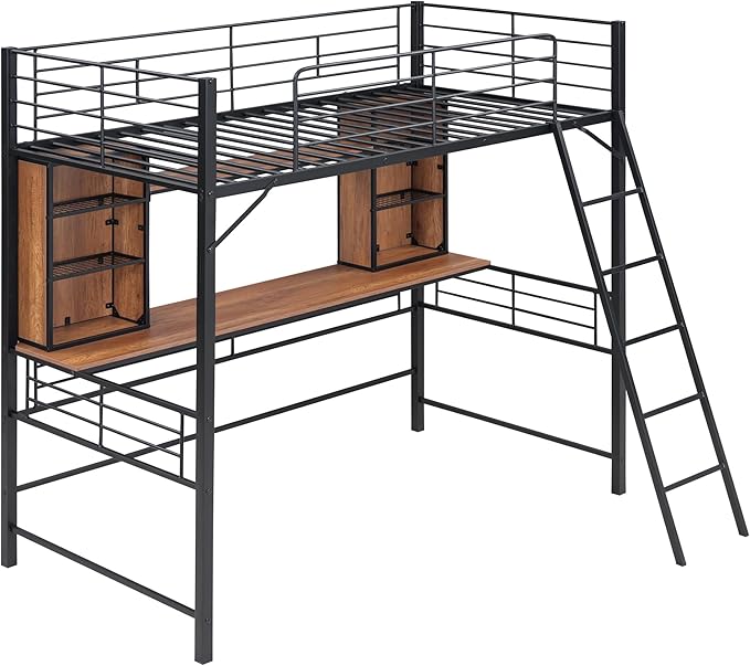 RITSU Twin Size Loft Bed with Desk and Storage Shelves, Metal BedFrame,w/Ladder & Fenced Around Guardrails, Easy Assembly, for Adults, Kids, Teens, Black - LeafyLoom