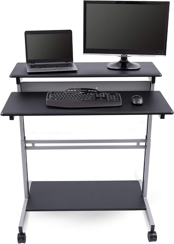 Stand Up Desk Store Rolling Adjustable Height Two Tier Standing Desk Computer Workstation (Silver Frame/Black Top, 40" Wide) - LeafyLoom