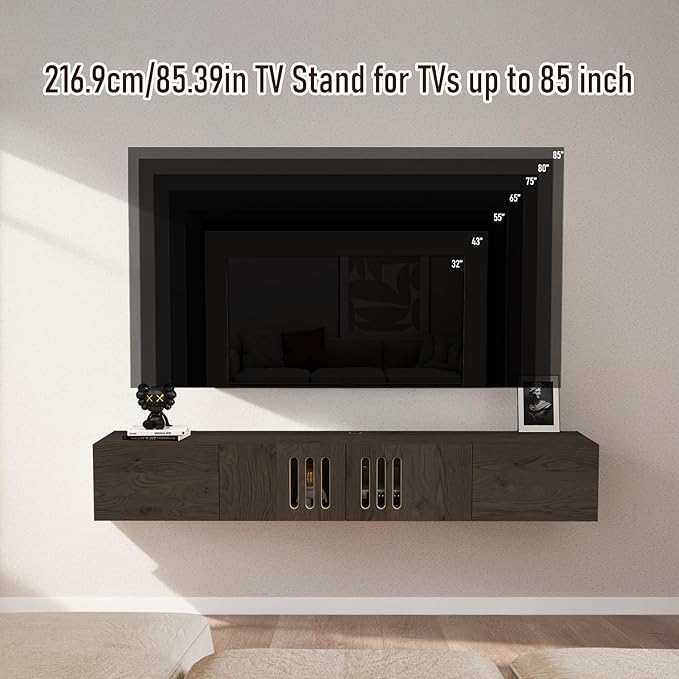 Pmnianhua Floating TV Stand,85'' Wall Mounted TV Cabinet, Mid Century TV Bench Under TV Entertainment Center Shelf TV Console Table with 4 Cabinets for Living Room Bedroom (Dark Grey) - LeafyLoom