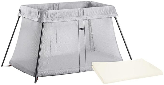 BABYBJORN Travel Crib Light - Silver + Fitted Sheet Bundle Pack - LeafyLoom