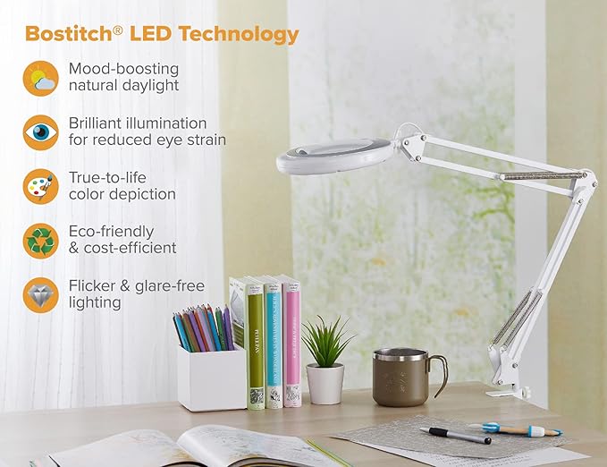 Bostitch Office LED Magnifying Desk Lamp with Clamp Mount, Energy-Efficient LEDs, Dimmable, 4.5W, 480 Lumens, White (VLED600) - LeafyLoom