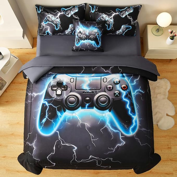 Game Console Twin Comforter Set with Sheets, Microfiber 6 Pcs Bed in A Bag Twin Size Gamer Bedding Set for Boys Kids Teens - LeafyLoom