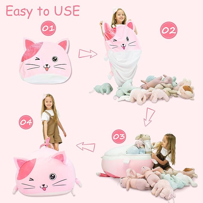 Cute Cat Bean Bag Chair for Kids, Pink Stuffed Animal Storage Beanbag Chairs for Girls Room Decor, Extra Large Size, Velvet Super Soft Cover Only - LeafyLoom