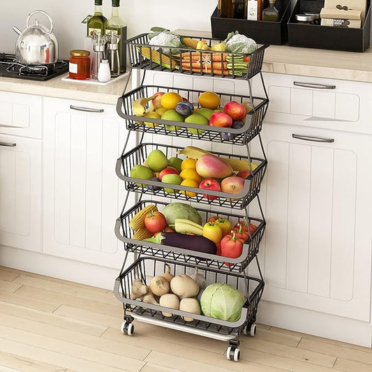 Wisdom Star 5 Tier, Kitchen Fruit Vegetable Storage Cart, Vegetable Basket Bins for Onions and Potatoes, Wire Storage Organizer Utility Cart with Wheels, Black - LeafyLoom