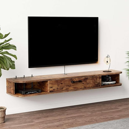 Floating TV Unit, 55'' Wall Mounted TV Cabinet, Floating Shelves with Door, Modern Entertainment Media Console Center Large Storage TV Bench for Living Room & Office (55.12IN, Rustic Brown) - LeafyLoom