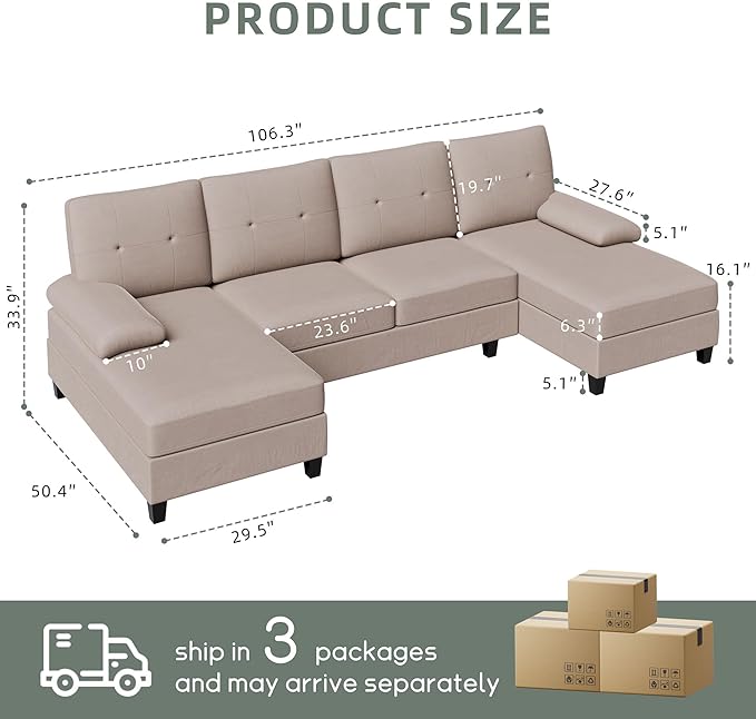 Shintenchi Sectional Couches for Living Room, U Shaped Sofa Couch with Double Chaise, 4-Seat Living Room Furniture Sets with Soft Cushion & Linen Fabric, Beige - LeafyLoom