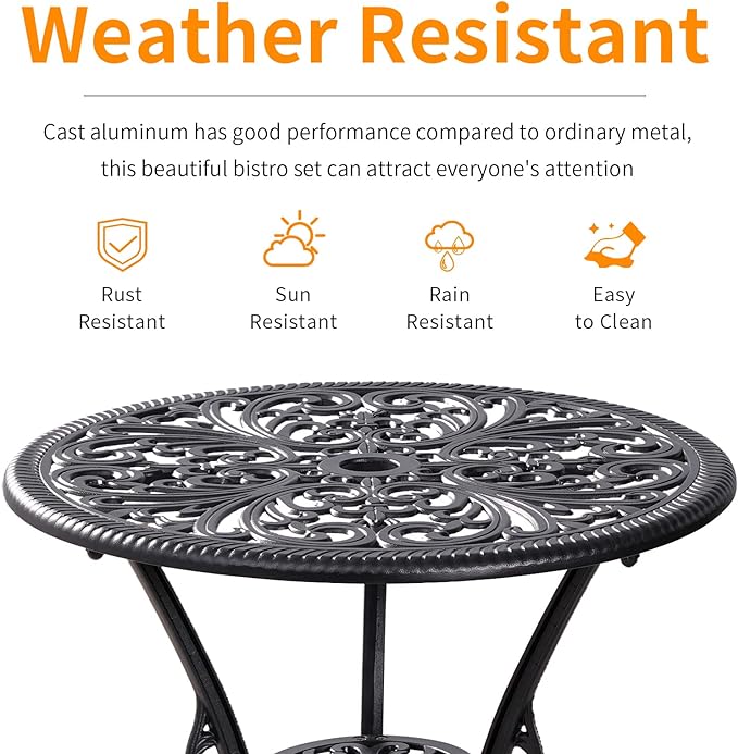 Outdoor Bistro Set 3 Piece Patio Bistro Set, Cast Aluminum Bistro Table and Chairs Set of 2, Small Patio Table Set for Porch, Black - LeafyLoom