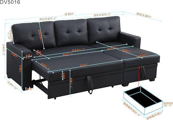 RITSU L-Shaped Sectional Upholstered Sofa Bed with Storage Chaise, Faux Leather Pull Out Corner Couch, Tufted Cushions, for Office, Living Room, Apartment, Black, 82 inch - LeafyLoom