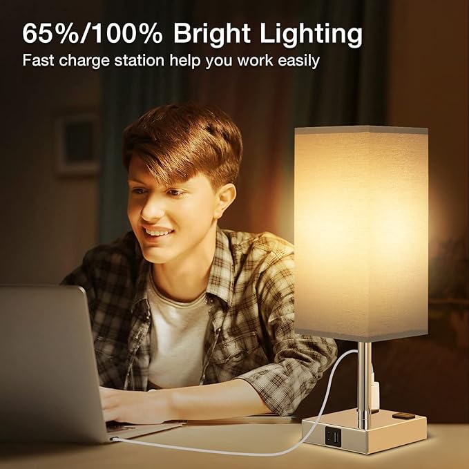 aooshine Black Set of 2 Touch Lamp with USB Port-Nightstand Lamp with USB-C+A Charge Ports& AC Outlets, 3-Way Dimmable Bedside Lamp with Shade,Small Table Lamp for Bedroom Living Room(Bulb Included) - LeafyLoom