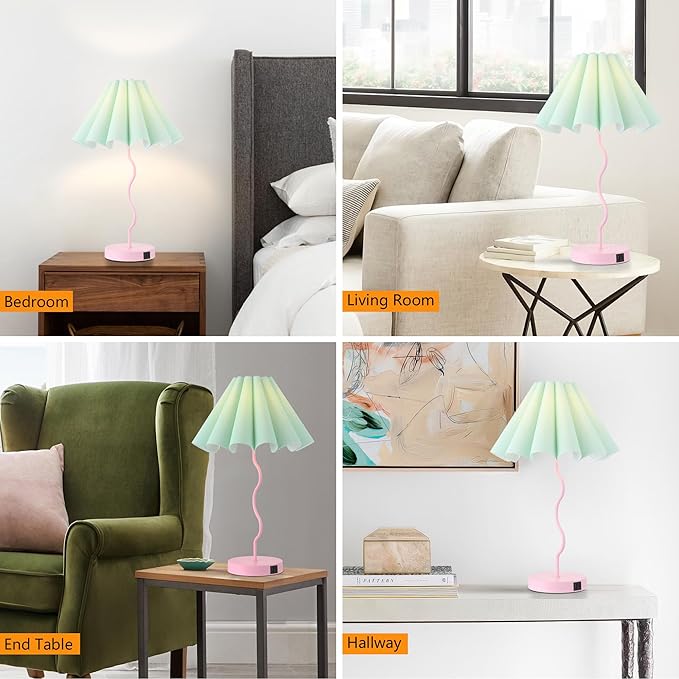 Table Lamp for Bedroom Nightstand Modern Touch Green Pink Lamp Dimmable Lamp for Living Room End Table with USB Port and Outlet - LeafyLoom