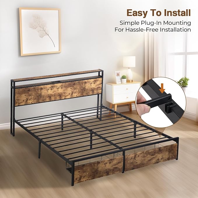 LED Full Bed Frame with 2 Storage Drawers & Headboard, Platform Metal Bed Frame with Charging Station, Noise-Free, No Box Spring Needed, Vintage Brown - LeafyLoom