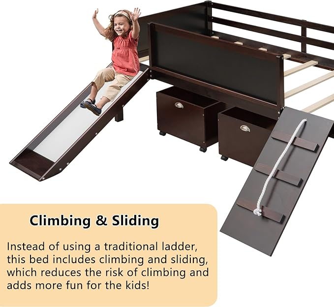 Twin Size Low Loft Bed with Slide and 2 Storage Boxes,Kids Low Loft Bed Frame with Climbing and Chalkboard,Solid Loft Bed Twin for Boys,Girls,Espresso - LeafyLoom