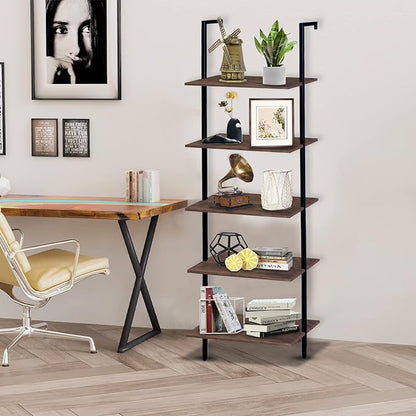 5 Tiers Ladder Shelf 2-Piece Black Modern Tall Bookshelf Open Large Tall Wall Mount Storage Bookcase Standing Leaning Wall Shelves Industrial Decorative - LeafyLoom