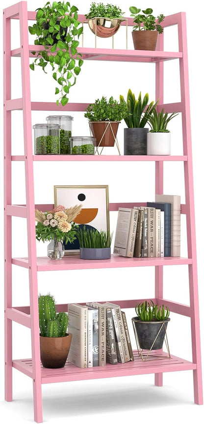 Homykic Bamboo Ladder Bookshelf, 4-Tier Ladder Shelf Open Book Shelf Freestanding Bookcase Bathroom Storage Rack Plant Stand for Living Room, Bedroom, Office, Easy Assembly, Pink - LeafyLoom