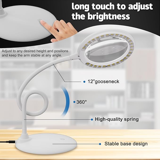 Magnifying Glass with Light and Stand, 5X Magnifying Lamp,Hands Free Desk Magnifying Glass,Desk Magnifiers with Light for Senior, Low Vision, Hobbies, Crafts - LeafyLoom