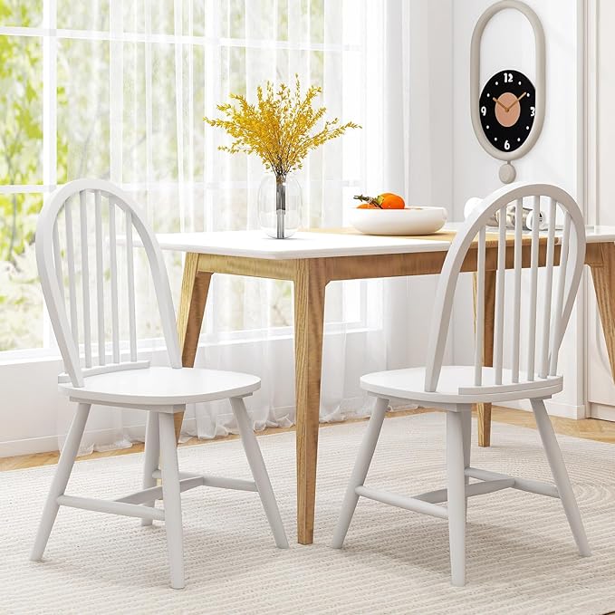 HAPPYGRILL 2 Pieces Wooden Dining Chairs Set, Vintage Armless Windsor Chairs, Kitchen Dining Chairs with Backrest, White - LeafyLoom