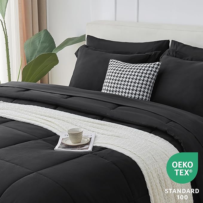 CozyLux Queen Comforter Set - 7 Pieces Bed in a Bag Set Black Queen, Complete Bedding Sets Bed Set for All Season with Comforter, Flat Sheets, Fitted Sheet, Pillowcases & Shams - LeafyLoom