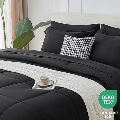 CozyLux Twin XL Size Comforter Sets - 7 Pieces Bed in a Bag Set Black Twin Extra Long, Complete Bedding Sets Bed Set for All Season with Comforter, Flat Sheets, Fitted Sheet, Pillowcases & Shams - LeafyLoom