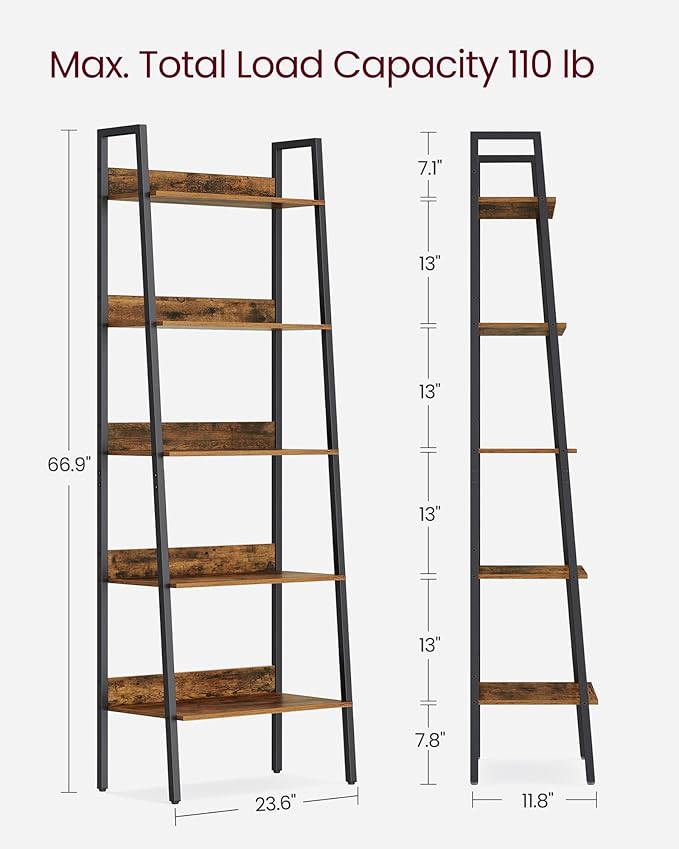 VASAGLE Bookshelf, 5-Tier Narrow Bookcase, Ladder Shelf for Home Office, Living Room, Bedroom, Kitchen, Rustic Brown and Ink Black ULLS067B01 - LeafyLoom