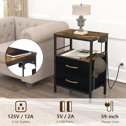 Nightstands set 2 for Bedroom Decor, Bedside Table with Charging Station, Night Stands with Fabric Drawers and Open Shelf, Side Table with USB Ports & Outlets (Rustic Brown,2) - LeafyLoom