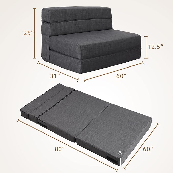 Queen Size Folding Sofa Couch Memory Foam with 2 Pillows Sleeper Chair Lazy Couch Triple Futon Convertible Guest Beds, Washable Cover,Dark Gray - LeafyLoom