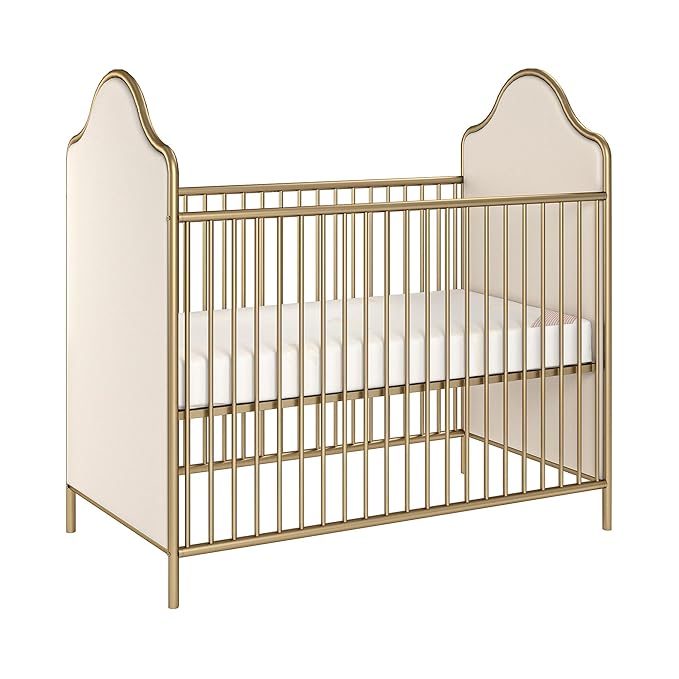 Little Seeds Piper Upholstered Metal Crib, Gold - LeafyLoom